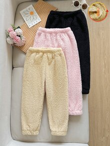 SHEIN Girls' 3-Piece Set Autumn/Winter Long Pants In Pink, Brown, And Black, Soft Velvet-Like Fabric, All-Match Versatile Colors, Suitable For School, Outings And Multiple Occasions - Multicolor - View 1