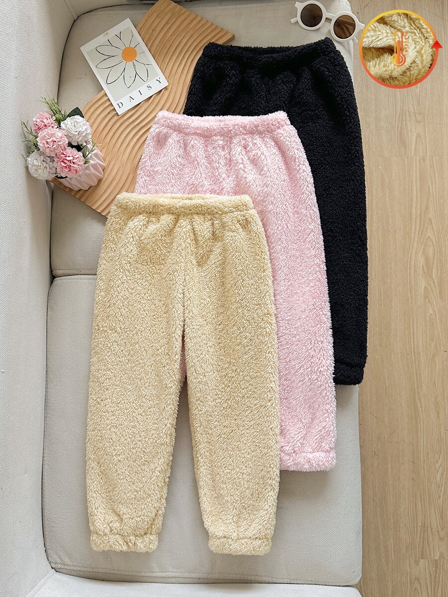 SHEIN Girls' 3-Piece Set Autumn/Winter Long Pants In Pink, Brown, And Black, Soft Velvet-Like Fabric, All-Match Versatile Colors, Suitable For School, Outings And Multiple Occasions - Multicolor - View 1