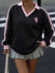 Muchica 女款秋冬保暖內裡拼接色塊膠帶 POLO 領刺繡寬鬆運動衫 - 黑色 - 查看 3