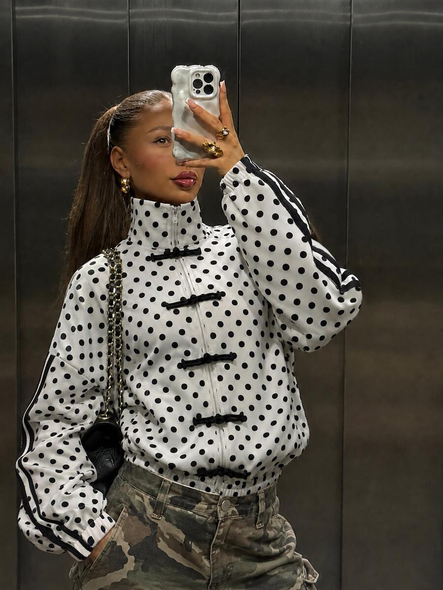 Modelyn Women's Polka Dot Colorblock Casual Versatile Daily Long Sleeve Jacket