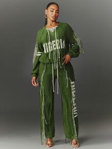 NYA SZN Sweater Lengan Panjang Bergaris Rumbai "Nigeria" Gym Perjalanan Athleisure Nyaman Olahraga Chic Kasual Festival Lucu Liburan Longgar Hijau Musim Gugur Musim Dingin - Hijau - View 5