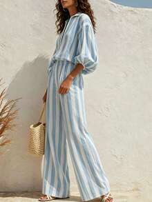 Breezaya Women's Striped Lantern Sleeve Zipper Front Top And Long Pants Casual 2 Pieces Set - Multicolor - View 4