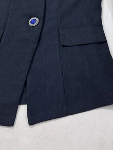 RosyDaze Women's Elegant Commute Exquisite High Neck Blazer And Wide Leg Pants Set - Navy Blue - View 6