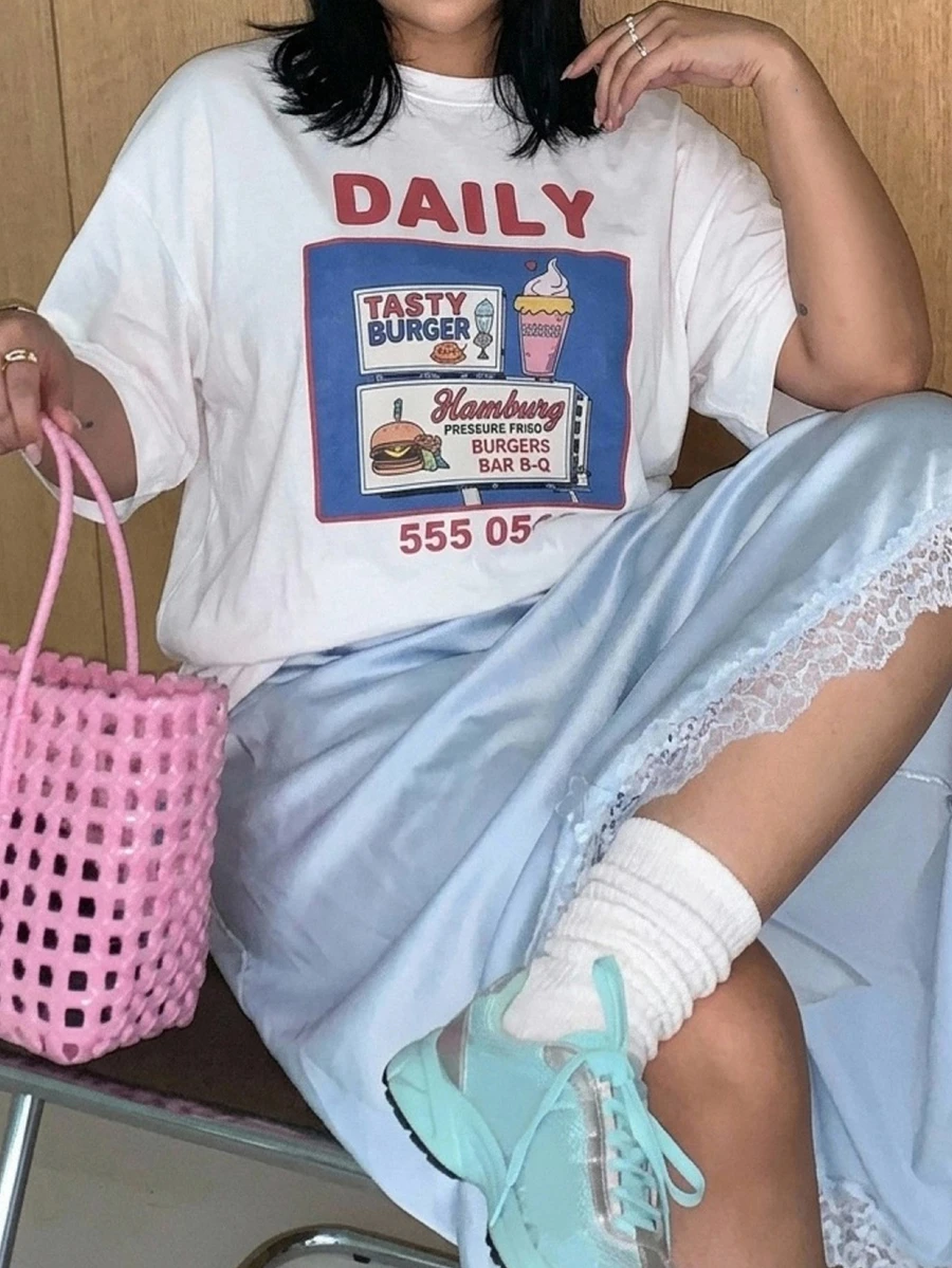 Dazy Plus Letter Print Loose Short Sleeve Casual Vacation White Versatile T-Shirt - White - View 1