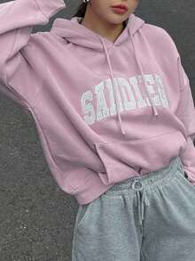 Dazy Plus Korean Style Letter Embroidery Loose Hooded Sweatshirt, Pink, Spring/Autumn - Pink - View 5