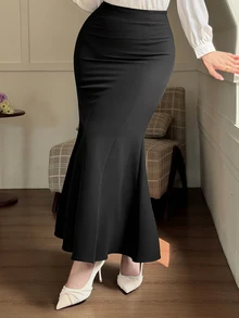 Dazy Plus Solid Color Wrap Fishtail Skirt Elegant Versatile Commute Black Long Skirt Fall Dinner Formal - Black - View 3