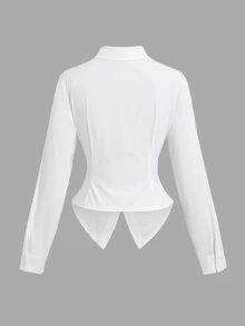 Sweetra Women's Long Sleeve Waist-Cinching Pocket Flap Decor Commuter Casual Minimalist Shirt - White - View 2