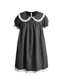 Sweetness Women's Peter Pan Collar Plaid Short Petal Sleeve Mini Dress - Black - View 1