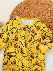 SHEIN 新生兒嬰兒全身印花休閒日常連身長褲睡衣 - 黃色 - 查看 4