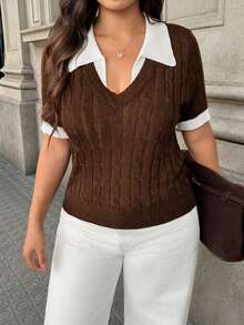 Vionelle Casual Curve 2 In 1 Contrast Color Lapel Cable Knit Polo Short Sleeve Pullover Sweater Plus Size Autumn Graduation Vacation Formal Brown Fall - Coffee Brown - View 3