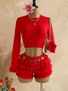 Soleia Women's Holiday Casual Cute Romantic Elegant Long Flare Crop Top And Ruffle Low-Waist Mini Skirt 2 Pieces Set, Beach Everyday Party Autumn - Red - View 8