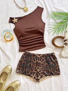 Soleia Women's Summer Sexy Solid Color Asymmetrical Shoulder Metal Decor Top & Leopard Print Sequin Shorts 2pcs Set - Multicolor - View 1
