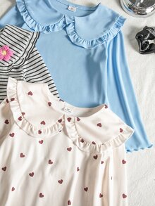 SHEIN Elladie kids 女童休閒舒適保暖百搭愛心印花條紋彼得潘領 3D鉤編花朵裝飾 3件組T恤套裝 秋冬款 - 彩色 - 查看 3
