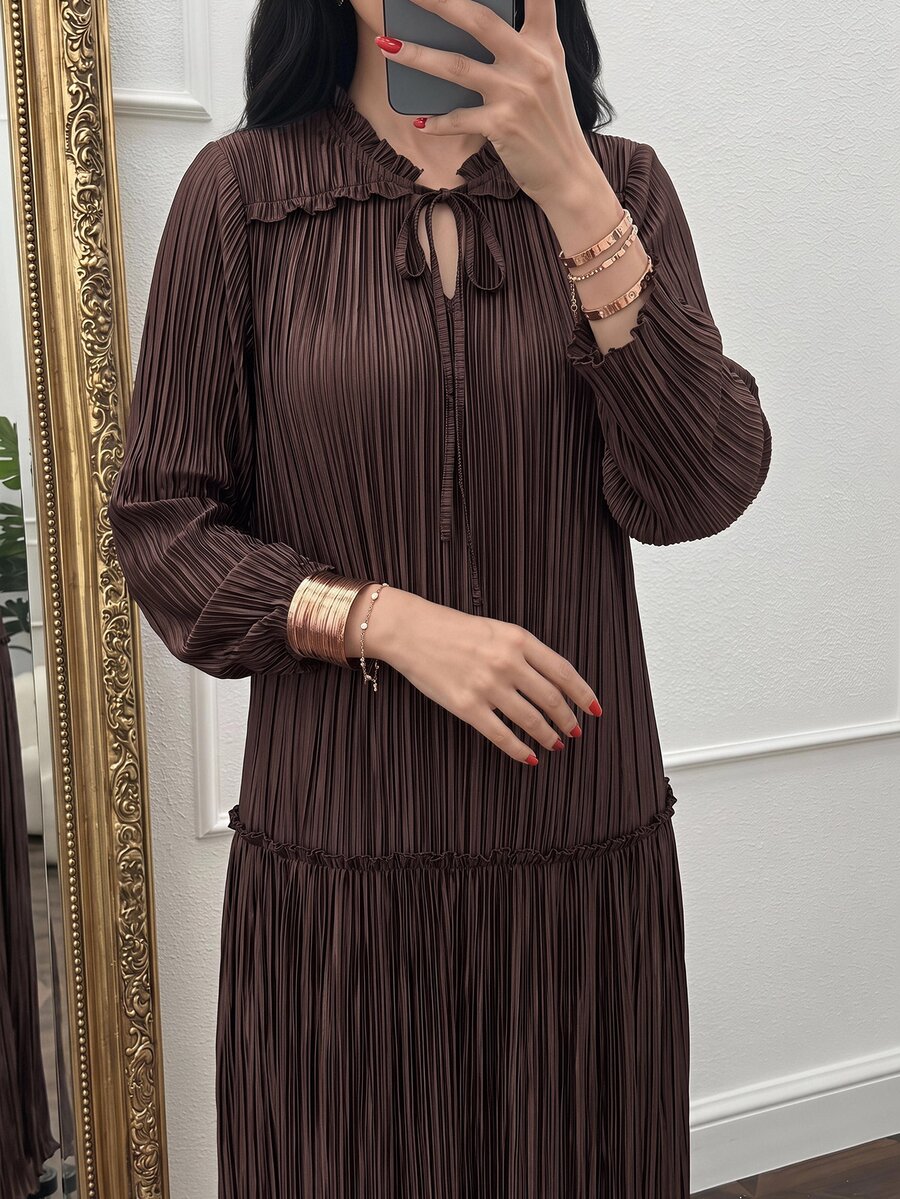 Yasmyna Women's Solid Color Ruffle Tie Neck Long Sleeve Elegant Arabian Dress - Brown - View 1