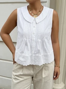 Dazy Plus Plus Size Korean Style Single-Breasted Pleated Tank Top For Dating And Vacation - White - View 3