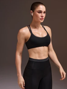 Powerista 女款黑灰色拼接中強度支撐加墊運動內衣，適合瑜伽、跑步、健身、皮拉提斯，時尚百搭，春夏穿搭 - 黑色 - 查看 2