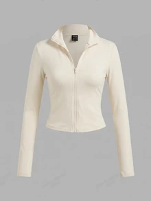 SHEIN EZwear 休閒極簡風 3 件組 黑色/棕色/米色 針織拉鍊長袖女款 T-shirt，適合秋冬穿著 - 彩色 - 查看 3