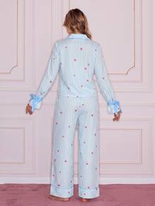 SweetSlumber Women's Striped Heart Print Lapel Front Button Bow Tie Long Sleeve Pajama Set - Multicolor - View 2