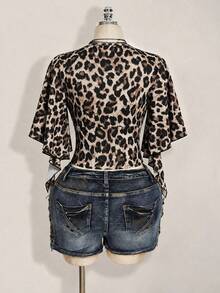 SHEIN ICON Plus Size Women's Leopard Print Ruffle Sleeve Fashion T-Shirt - Multicolor - View 2