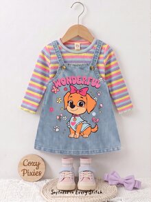 Baby Girl Colorful Striped Round Neck Long Sleeve Pullover Top & Floral Pattern Suspender Dress 2-Piece Set - Blue - View 6