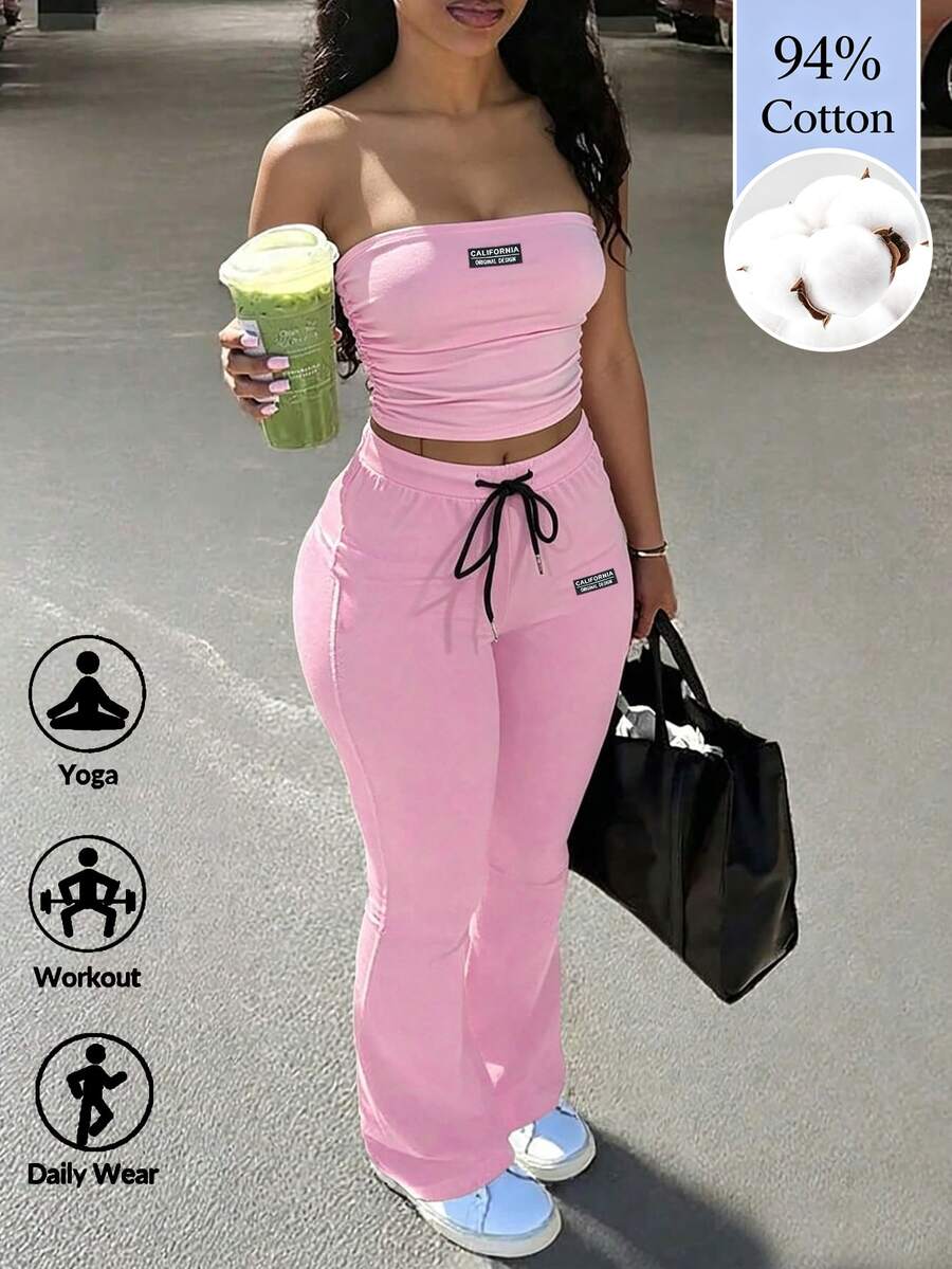 BamGleam 女款牛仔抓皺抹胸上衣與抽繩腰長褲休閒日常兩件套,慢跑套裝,度假穿搭,女款工作服 - 粉色 - 查看 1
