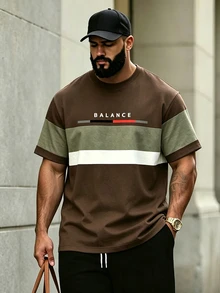 Manfinity Homme Letter Print Top, Gothic Style Men's Fashionable Round Neck Brown T-Shirt, Men's Top - Brown - View 3