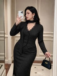 Vibekara Plus Size Striped 2-Piece Suit Set, Bodycon Skirt, Slim Fit Contrast Lace, Elegant Sexy, Brown-Red, Early Autumn - Black - View 7