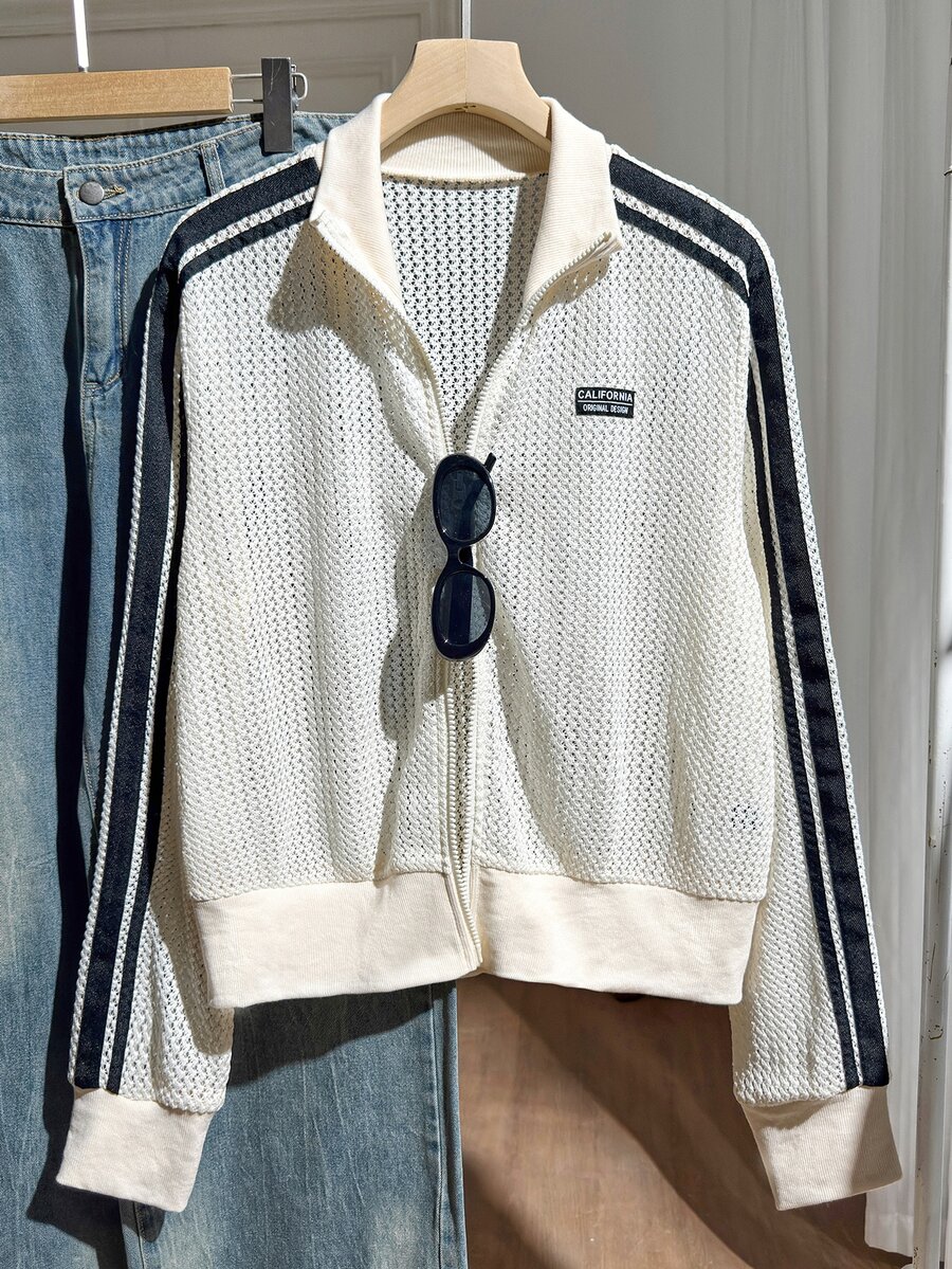 Comfortcana Plus Size Women's Casual Sporty Hollow Out Thin Jacket, Suitable For All Seasons Fall - Beige - View 1