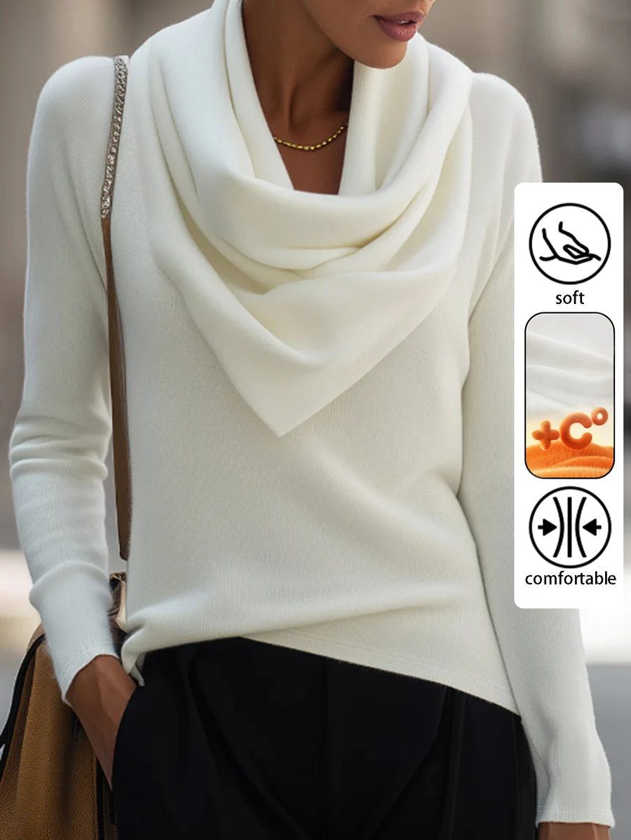 SHEIN ملابس علوية نسائية محبوكة بياقة وشاح مثلثية مجعدة، أكمام طويلة، قصة ضيقة، لون موحد، خط عنق غير متماثل، طبقة أساسية أنيقة من الصوف المحبوك