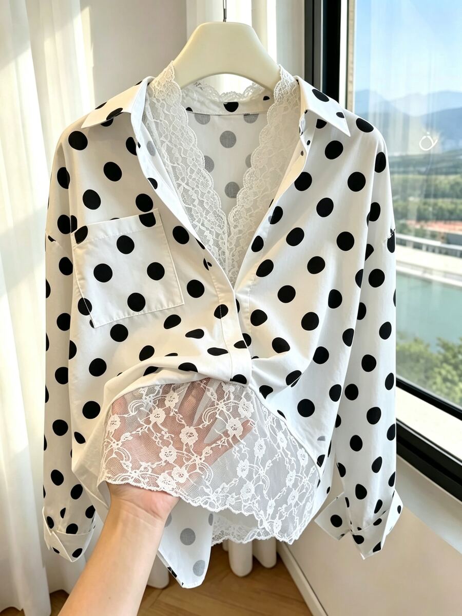 Franclia 女款休閒舒適性感蕾絲拼接 2 合 1 波點印花圖案襯衫 - 黑與白 - 查看 1