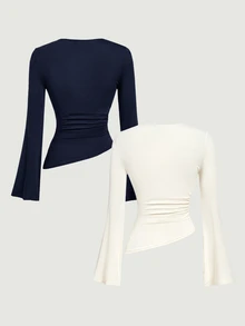 SHEIN MOD 女款 2 件組 酒紅與杏色圓領抓皺喇叭袖收腰不對稱下擺百搭長袖 T-shirt 打底衫 - 藏蓝色 - 查看 2