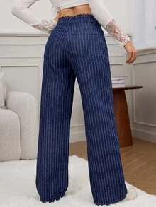 SHEIN Tall Women's Waist Contrast Lace Blue And White Striped Wide Leg Loose Fit Jeans Summer Everyday School Casual Preppy - Dark Wash - View 6