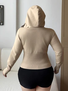 REIGN AVE Solid Color Fitted Long Sleeve Hooded Zip-Up Cardigan Sweater Jacket For Spring And Autumn - Khaki - View 6