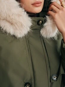 Anewsta Women's Pockets Waist Belt Design Long Sleeve Zipper Front Fur Collar Hooded Long Casual Winter Jack - Army Green - View 7