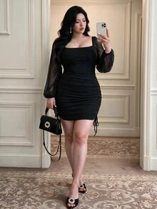 Vibekara Spring/Autumn Slimming Square Neck Sexy Elegant Bodycon Dress For Women, Chiffon Patchwork Long Sleeve Ruched Drawstring Fitted Dress, Plus Size Fall - Black - View 6
