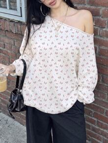 SHEIN EZwear 女款花卉露肩長袖寬鬆休閒衛衣 - 彩色 - 查看 5