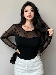 DAZY 女款網格拼接修身百搭休閒T恤 秋季 - 黑色 - 查看 4