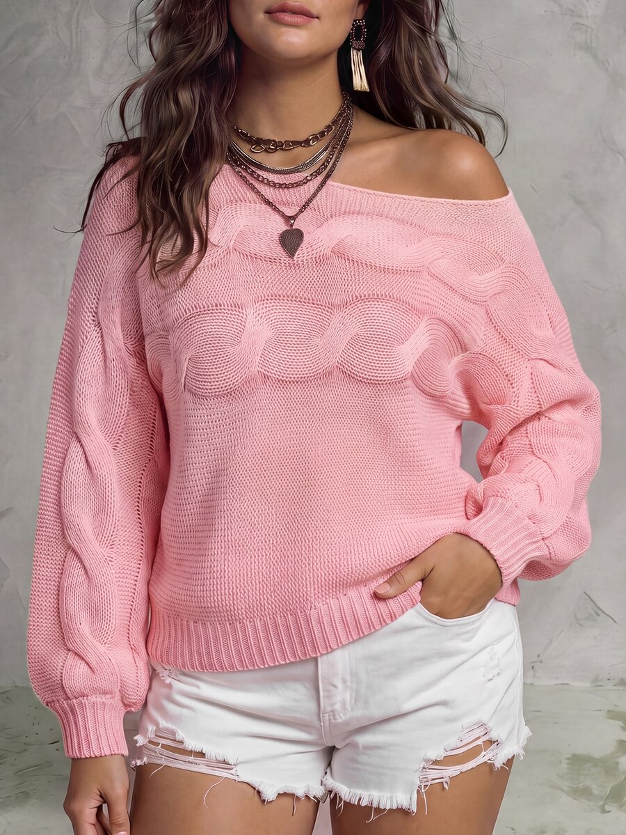 SHEIN LUNE CURVE Cherry Blossom Pink Soft Matte Hollow Cable Knit Cold Shoulder Slouchy Pullover Sweater Plus Size Autumn Date Night Formal Casual Elegant - Pink - View 1