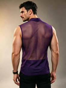 ZURIURI Men's Summer Casual Vacation Sheer Sexy Fashion Sleeveless Tank Top Shirt - Purple - View 2