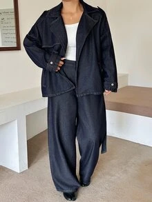 Dazy Plus Loose Tie-Up Lapel Long Sleeve Denim Top And Pants Casual Spring Summer Autumn New Denim Two Pieces Set - Dark Wash - View 8