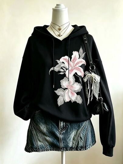Lalippa Sudadera floral negra y rosa para mujer, top casual grunge Y2K de otoño, atuendo diario para la calle, festival de música y vacaciones, regalo para amigas