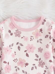 SHEIN 女嬰休閒針織花卉圖案修身居家服套裝 - 粉色 - 查看 5
