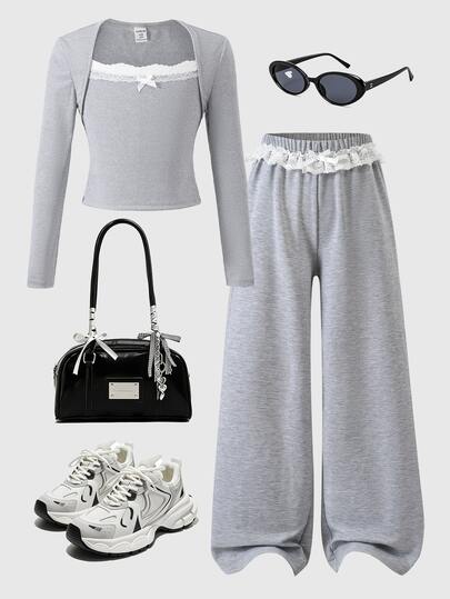 SHEIN Girls Big Tween Girl Casual Cute Ruffle Bow T-Shirt And Pants Set, Suitable For Daily Wear, Outings, Sports And Various Occasions, Girls Big Tween Girl Autumn Outfit, Spring/Autumn Set