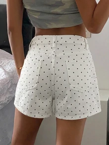 DAZY 女款波點圖案高腰口袋休閒牛仔短褲 秋季 - 黑與白 - 查看 3