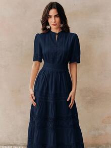 Anewsta Solid Color Elegant Lace Patchwork Round Neck Waist-Cinching Hollow Crochet Short Sleeve Flared Women's Dress - Navy Blue - View 2