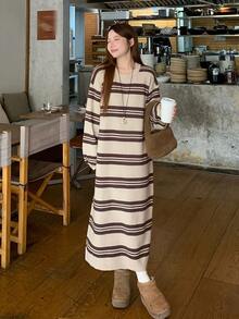 DAZY Women's Striped Round Neck Dropped Shoulder Long Sleeve Casual Knit Dress Fall - Khaki - View 5