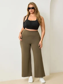 Easithlete Women's Plus Size Solid Color High Waist Casual Versatile Daily Travel Sports Leggings Active Gym Olive Green Summer - Brown - View 5