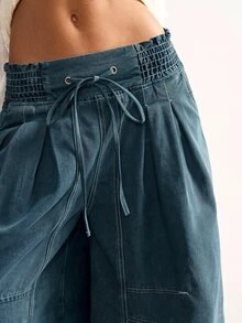 Bohemela Women's Drawstring Waist Pocket Loose Wide Leg Shorts - Medium Wash - View 5