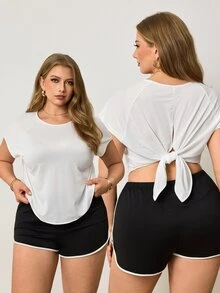 Easithlete Women's Plus Size Solid Color Raglan Short Sleeve Back Knot Sports T-Shirt - White - View 1
