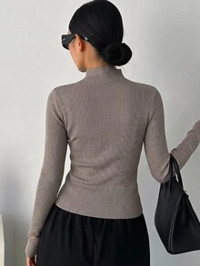 DAZY 女款修身小立領長袖基礎層T恤 秋季 - 卡其色 - 查看 8